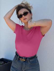 Jeta Ari Kaos Wanita Lengan Pendek Kasual Longgar Musim Panas Warna Polos Bordir Hati - Hot Pink - View 7