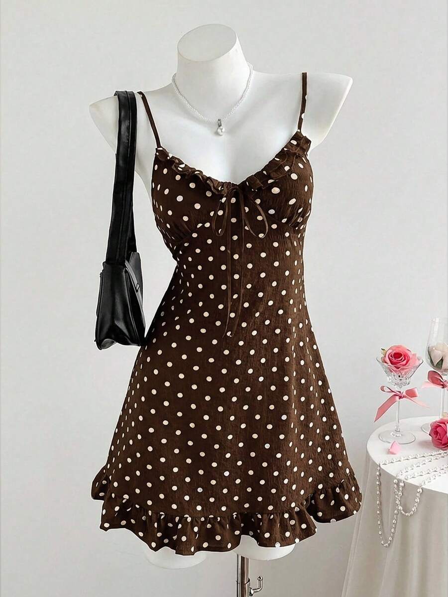 Comfortcana 女士棕色波点印花荷叶边系带吊带连衣裙 - 棕色 - 查看 1