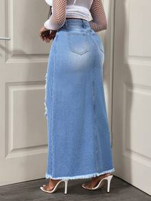 BamGleam 牛仔女郎风蓝色牛仔毛边性感迷你裙，春季女装 - 中等水洗藍 - 查看 2