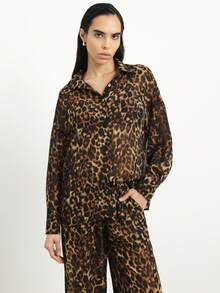 KSTM Leopard Print Two Piece Lounge Set Long Sleeve Button Up Shirt Wide Leg Pants Matching Outfit Loungewear Sleepwear Pajama Set - Multicolor - View 4