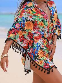 Swim Vcay 女士深V领印花休闲度假沙滩罩衫和服 - 彩色 - 查看 5