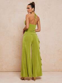 Lumalex 女士优雅绿色垂褶领无袖修身上衣 + 女士优雅绿色褶皱系带修身长裤，春夏款 - 綠色 - 查看 3