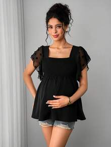 Momance 孕妇方领网纱拼接优雅上衣 - 黑色 - 查看 5