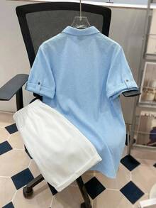 SHEIN Teen Boy Casual Textured Wave Stripe Short Sleeve Shirt And Shorts Set, Spring/Summer - Blue - View 2