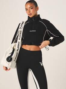 Missguided x Playboy 女士黑色半拉链抓绒套头衫，白色滚边，运动防风外套 - 黑色 - 查看 1