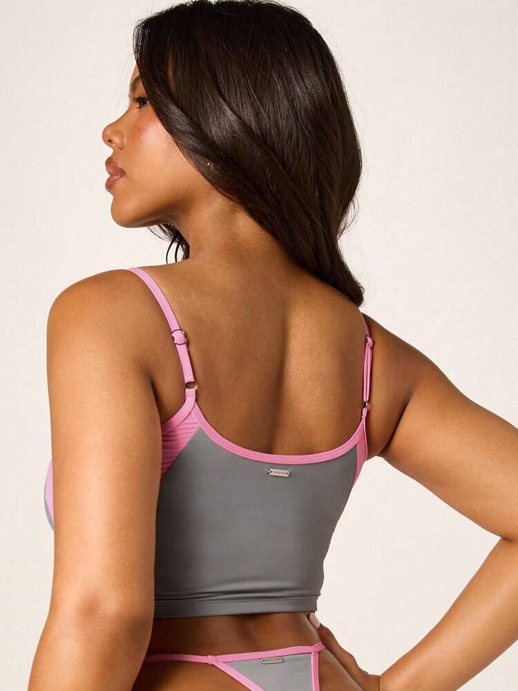 Missguided x Playboy Two Piece Contrast Tankini Bikini Set With 53 Logo Print Scoop Neckline And Adjustable Spaghetti Straps For Beach Swimming