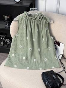 Franclia Women's Daisy Print Drawstring Sleeveless Top, Fashionable For Spring/Summer Vacation - Multicolor - View 1