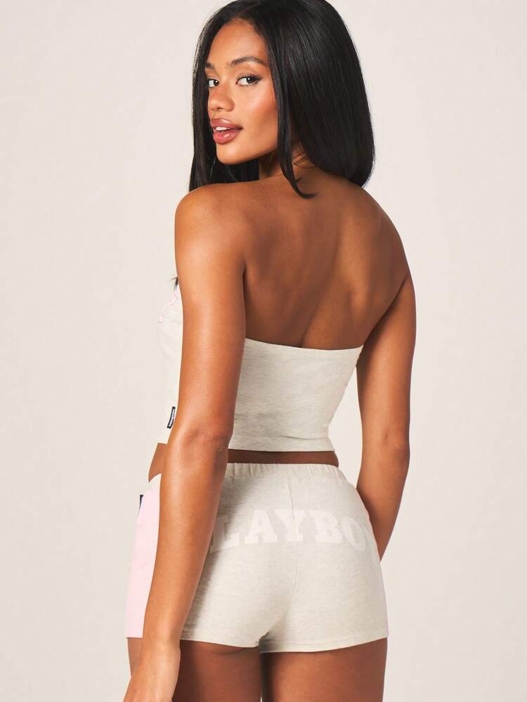 Missguided x Playboy Bandeau Strapless Tube Top With Pink Logo Print Contrast Detailing Summer Festival Crop Top