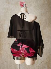 SHEIN ICON Spódnica mini z kwiatowym nadrukiem i frędzlami w dużym rozmiarze, dopasowana, idealna na wakacje, lato i plażę - Wielokolorowe - Zobacz 8