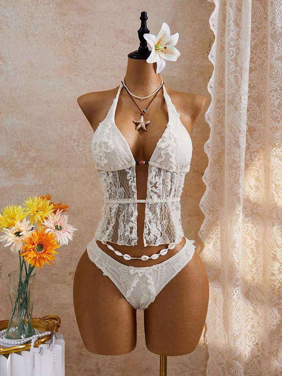 Bellisia 女士纹理烧花面料半透明系带可爱吊带泳衣套装 - 米色 - 查看 1