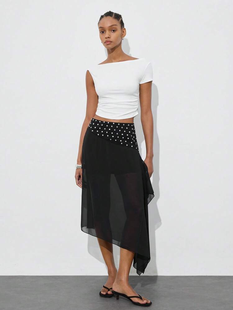 SHEIN Maija Outfit Deas For Skirt,Women's Asymmetric Hem Rhinestone Decor Fashion Skirt,Equin Skirt,Summer Skirt, Party Skirt,Summer Outfits For Women ,Festival Outfits For Women Women's Skirts Women's Skirts Assymetrical Skirt For Women Rhinestone Skirt Waterfall Skirt