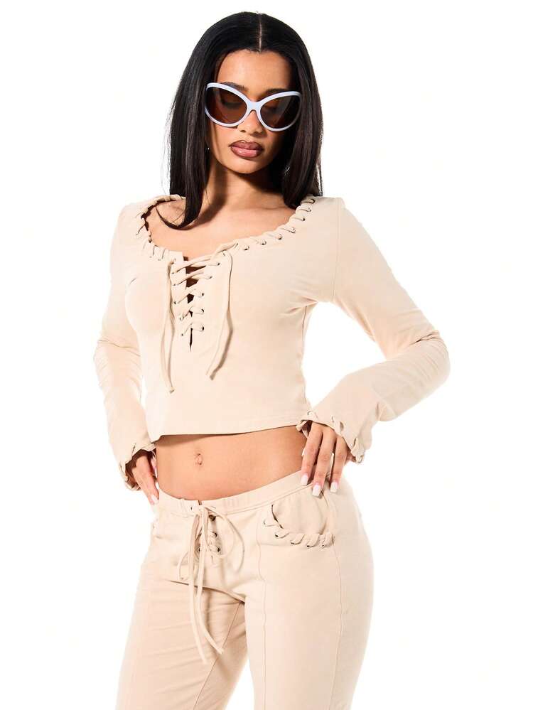 SUMWON Women's Long Sleeve Eyelet Lace Up Scoop Neck Top With Drawstring Details And Grommets For Fall Winter Casual Look