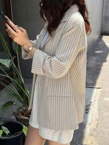 FRIFUL Women's Casual Commuting Striped Loose Blazer - Apricot - View 1