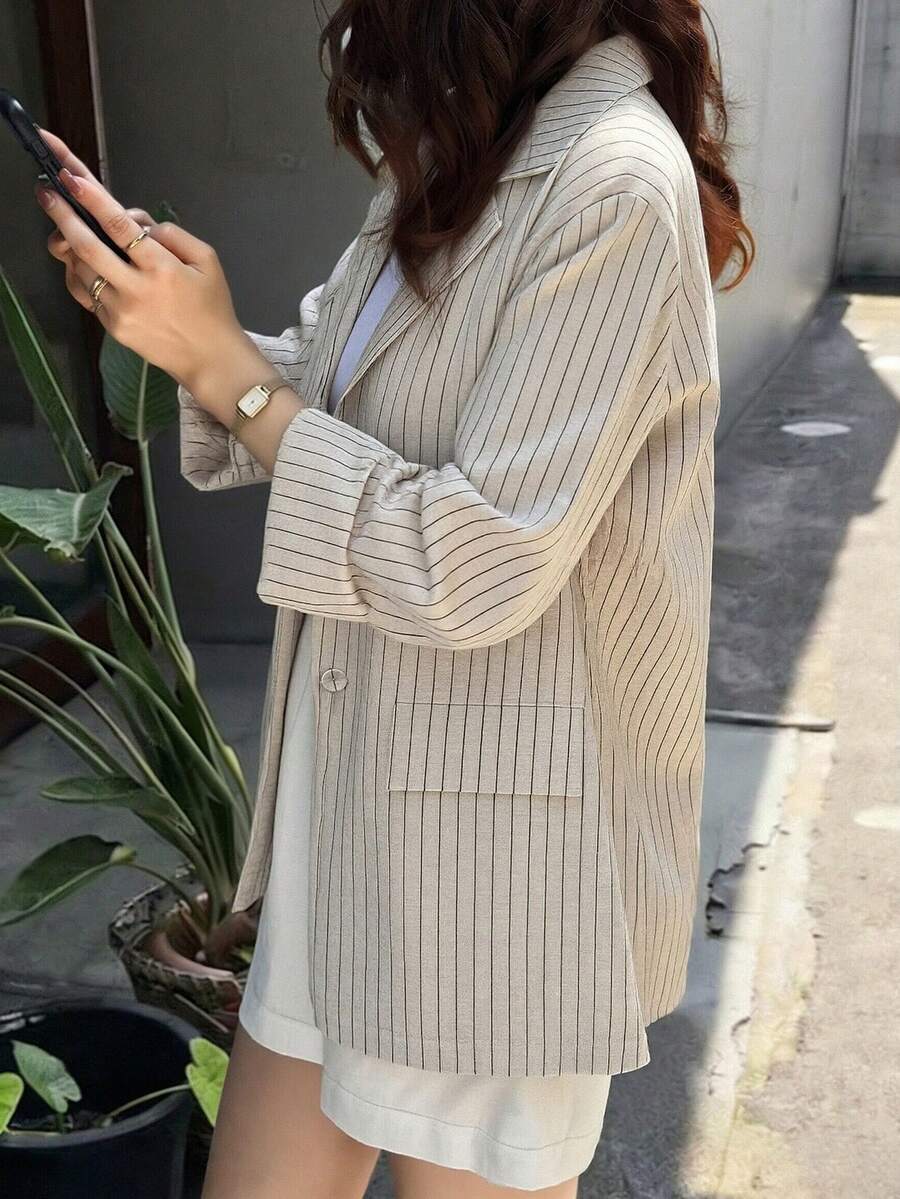 FRIFUL Women's Casual Commuting Striped Loose Blazer - Apricot - View 1