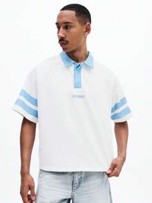 SUMWON 男士休闲宽松落肩 Polo 衫，浅蓝色条纹和数字 10 印花，短袖，夏季日常穿着 - 藍白色 - 查看 4