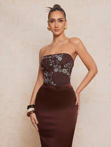 Lumalex 春夏亮片装饰无肩带束腰拼接缎面连衣裙，棕色正式礼服，巧克力棕色连衣裙，束身胸衣连衣裙，优雅棕色连衣裙，高贵典雅的棕色婚礼宾客礼服，奢华舞会聚会派对宴会，低调奢华闪耀的节日派对狂欢节郊游度假热门户外层次丰富的婚礼季宴会圣诞节新年派对造型秋季派对礼服，女士优雅连衣裙 - 棕色 - 查看 8