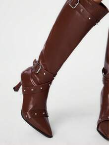 ROMWE Grunge Punk Botas de tacón alto hasta la pantorrilla con hebilla, de moda para mujer - Marrón - Ver 4