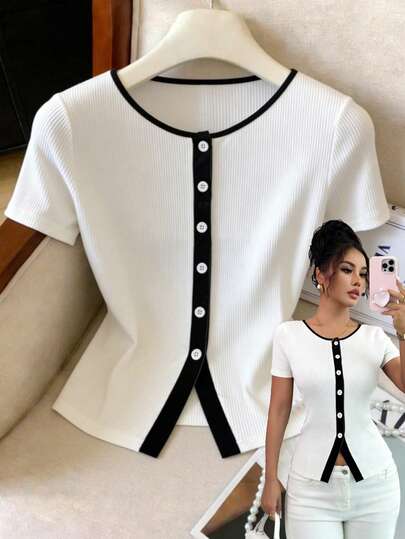 GlowEve Women's Casual Contrast Trim Button Front T-Shirt, Summer