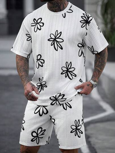 Manfinity CasualCool Men's Casual Loose Floral Print Short Sleeve T-Shirt And Shorts Set,Men Old Money,Daily Leisure, Weekend Trips, Outdoor Activities, Travel Expeditions, Relaxed Work Environments Or Semi-Formal Occasions, Boyfriend/Husband Gift, Anniversary /Birthday Gift Party Summer Vacation Holiday,Wedding,Spring To Summer,Easter,Y2k,Vintage,Men's Floral Print Short Sleeve Set Crew Neck Casual T-Shirt And Drawstring Shorts Summer Two Piece Outfit,Floral Two Piece Set Men,Summer 2 Piece Set Men,Vacation Outfits Men 2 Piece,Streetwear Men Outfit 2 Piece,Mens Floral Shorts