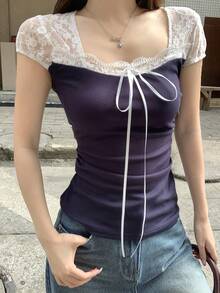 DAZY Áo thun nữ tay ngắn cổ vuông 2 trong 1 phối ren tương phản, kiểu dáng ôm sát, dáng crop, thời trang cho mùa hè. - Màu xanh lam - Xem 3
