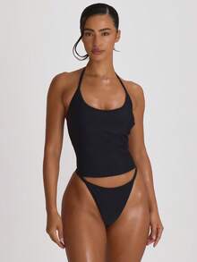 Musera Resort Traje de baño tipo tankini con cuello de barco y atar en el cuello, para vacaciones, verano y viajes a la playa, en color sólido, básico para resort - Negro - Ver 2