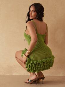 Silquee Vestido camisola casual de unicolor con volantes y diseño hueco como cubierta - Verde - Ver 10