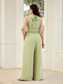 MOTF PREMIUM PLUS SIZE WOMEN'S HALTER NECK RUCHED JUMPSUIT, ELEGANT AND LEG LENGTHENING, SPRING/SUMMER - Green - View 3