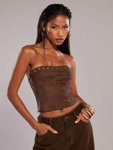 SHEIN BAE Top scurt maro pentru femei, cu ținte metalice, pentru festivaluri de muzică, rave, pantaloni scurți maro din piele PU, aspect uzat. Stil sexy, potrivit pentru ocazii precum ieșiri în oraș, petreceri și întoarcerea la școală. Topuri corset maro pentru femei, pentru festivaluri de muzică country, top bustier din piele maro pentru femei, top fără bretele, corset pentru femei. - Maro - Vizualizare 6