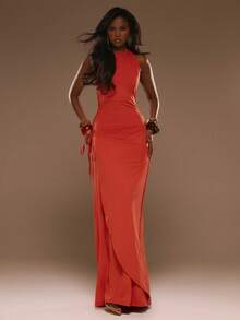 MUSERA High Neck Low Back Wraparound Detail Maxi Dress Spring Summer Vacation Beach Elegant Ibiza Festival Holiday Tajine - Burnt Orange - View 1