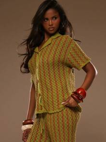 MUSERA Striped Crochet Boxy Fit Short Sleeve Shirt Spring Summer Vacation Beach Elegant Ibiza Festival Holiday Tajine - Multicolor - View 3