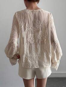 DAZY Women's Round Neck Semi-Sheer Lace Flare Sleeve Blouse - Apricot - View 3