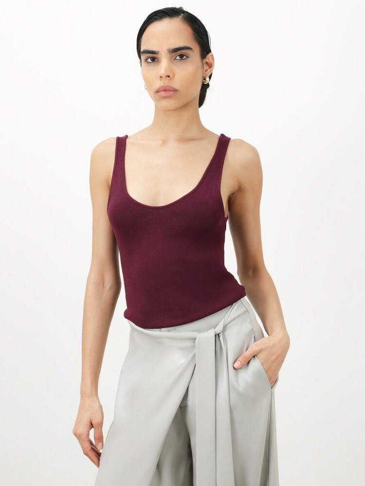 KSTM Women Burgundy Scoop Neck Knitted Tank Top Sleeveless Fitted Ribbed Casual Essential Everyday Wardrobe Staple