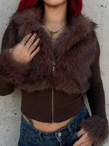 Bearsaez 时尚街头风格女士仿皮毛拉链长袖夹克 - 棕色 - 查看 6