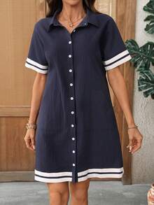 EMERY ROSE Women's Casual Contrast Trim Button Front Mini Dress, Summer - Navy Blue - View 3