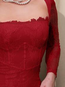 Bris Aura Women's New Autumn/Winter Party Date Night Sexy S-Shaped Lace Long Sleeve Bra Cup Fishbone Square Neck Bodycon Dress, Black,Summer Dresses For Women - Burgundy - View 6