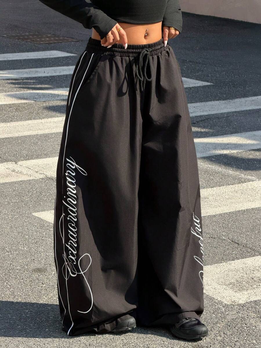 Muchica Women's Black Casual Fashion Street Daily Commute Letter Print Contrast Piping Drawstring Waist Loose Wide Leg Pants - Black - View 1