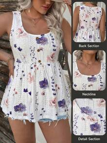 Comfylo Textured Knit Printed Cinched Waist Plus Size Tank Top, Going Out Tops - Purple - View 1
