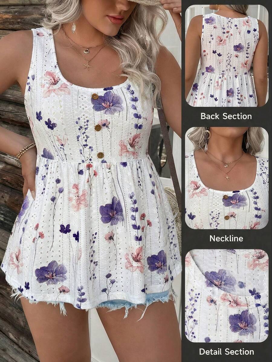 Comfylo Áo tank top cỡ lớn, chất liệu dệt kim, in họa tiết, thắt eo. - Màu tím - Xem 1