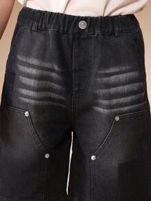 SUMWON Pantalones cortos de mezclilla de carpintero negros lavados para niños con múltiples bolsillos utilitarios y detalle de presilla para martillo para uso casual de verano - Azul - Ver 5