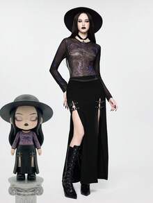 ROMWE Goth Top corto transparente con estampado de serpiente esqueleto de estilo gótico oscuro - Negro - Ver 1