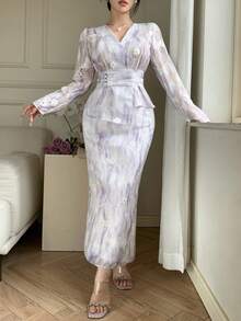 DAZY Conjunto de 2 piezas de falda recta plisada asimétrica con cuello en V floral elegante para mujer, primavera/verano - Azul - Ver 4