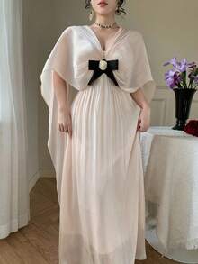 DAZY Pink And Black,Summer,Elegant,Party White Shiny Shawl-Style Bow Decor Dress,Suitable For Valentine's Day,Wedding,Formal Occasion,Fashion Event Dress - Pink - View 8