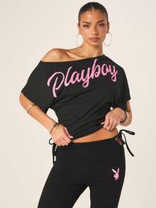 Missguided x Playboy 女士露肩收腰T恤，粉色字母Logo，修身短袖黑色T恤 - 黑色 - 查看 4