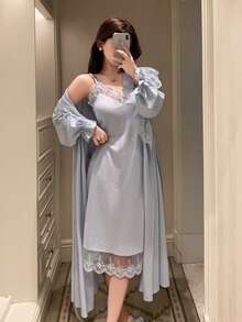 DAZY 女款蕾絲拼接長款睡裙與細肩帶背心睡衣套裝，秋冬睡衣 - 藍色 - 查看 4