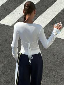 Muchica White Knit All-Match Versatile Women Long Sleeve T-Shirt - White - View 2