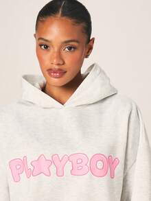 Missguided x Playboy 女士宽松连帽衫，泡泡字母印花，浅灰色套头卫衣，长袖，休闲街头风 - 淺灰色 - 查看 4