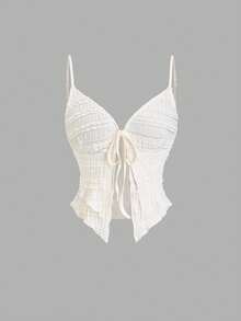 SHEIN Sweetro 2pcs Textured Camisole Top With Tie Straps & Ruffle Hem + Long Skirt Set - Apricot - View 6