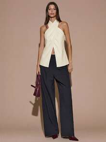 SHEIN BAE 女士纯色棕色/咖啡色优雅露背吊带衫，裹身式上衣，适合秋冬季穿着 - 杏色 - 查看 4