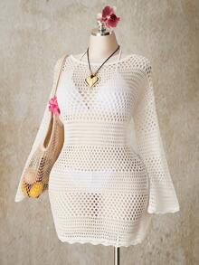 SHEIN ICON Robe de plage transparente en tricot grande taille Y2K, robe de plage transparente à rayures - Nude - Voir 8