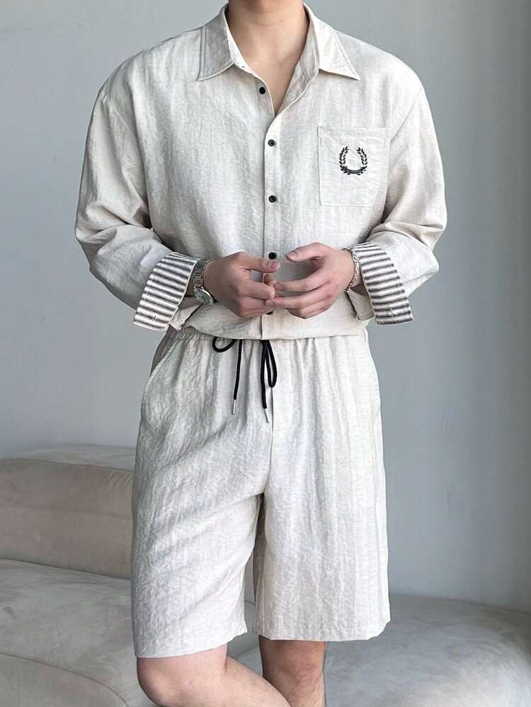 Grey Textured Fabric Men's Single-Breasted Shirt And Shorts Set, Spring/Summer